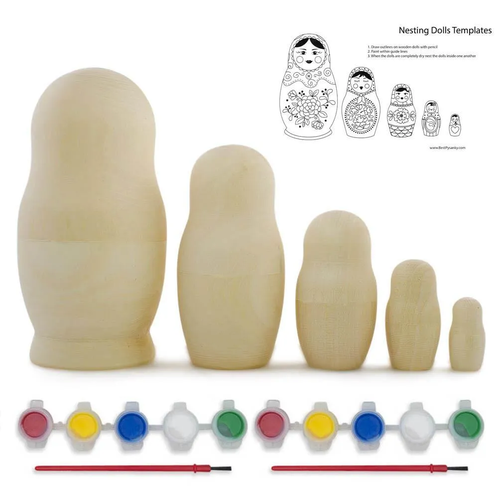 5 Unfinished Wooden Nesting Dolls With Paints Diy Craft Kit 5.75 Inches