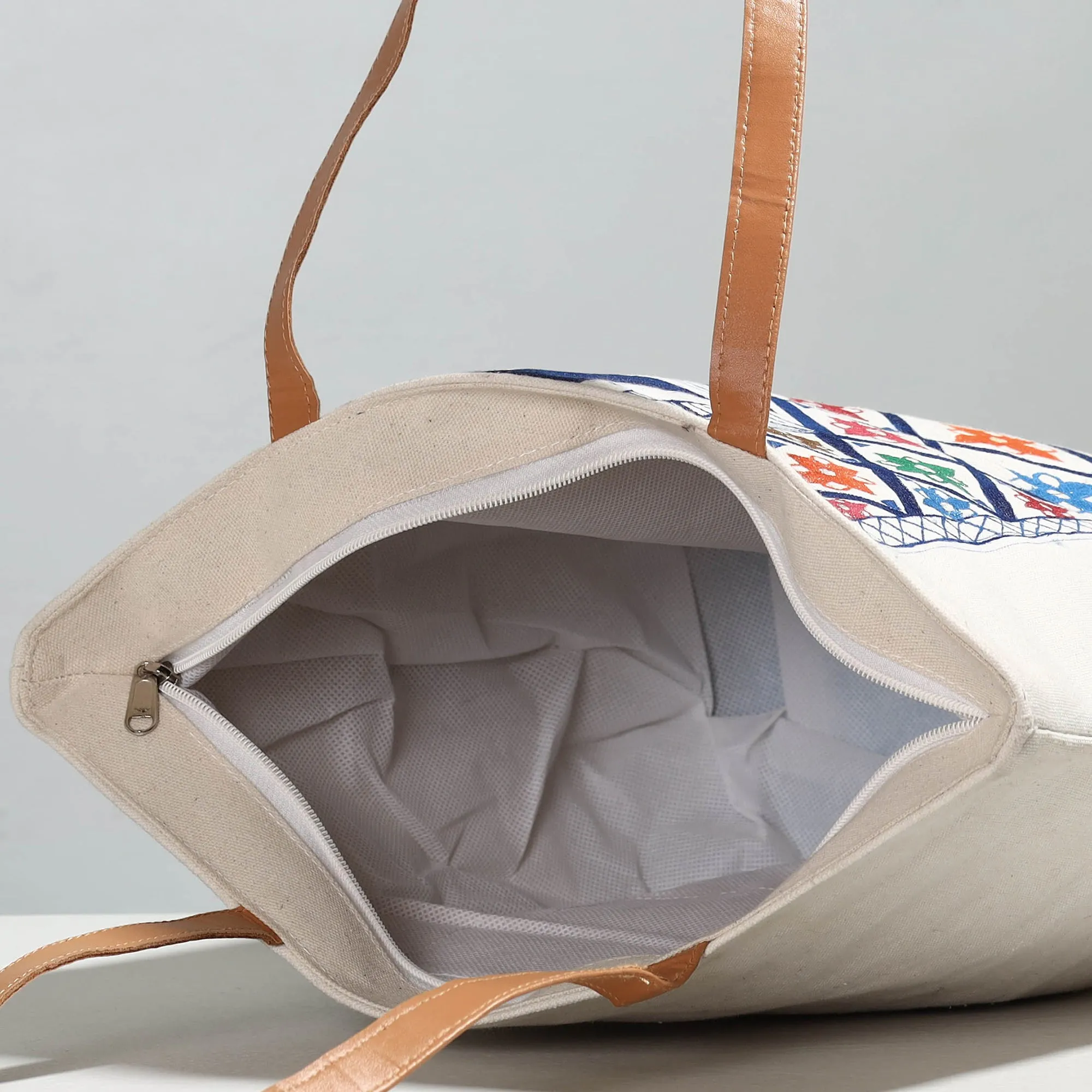 Beige - Handpainted Canvas Cotton Shoulder Bag 02