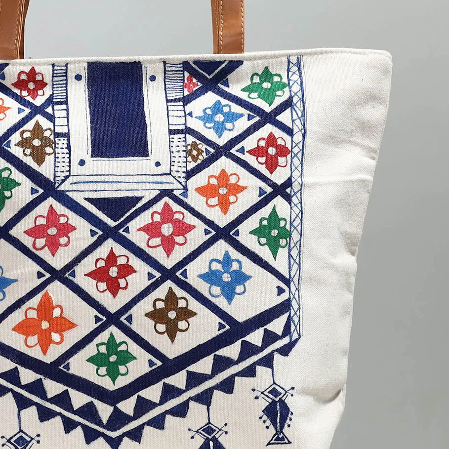 Beige - Handpainted Canvas Cotton Shoulder Bag 02