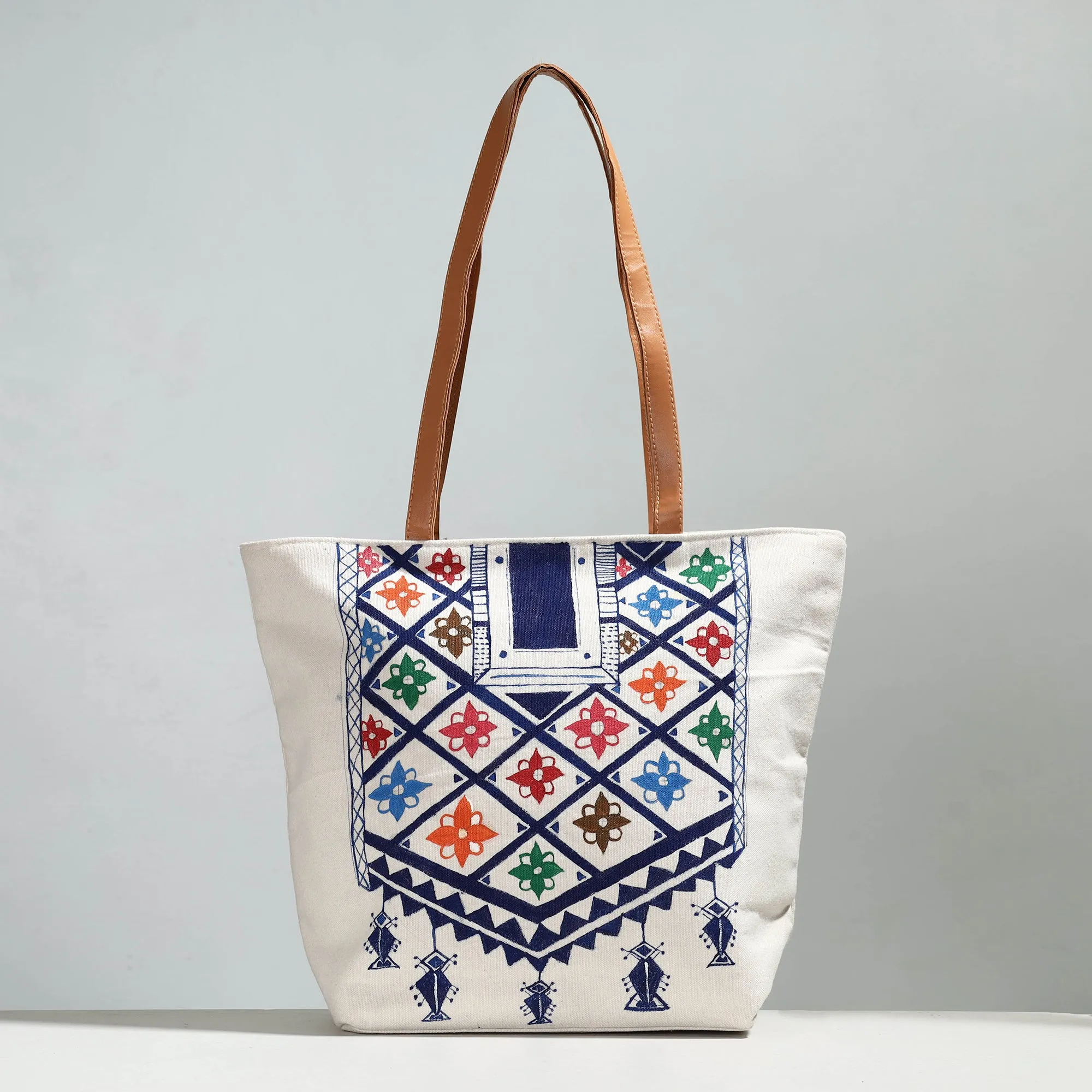 Beige - Handpainted Canvas Cotton Shoulder Bag 02
