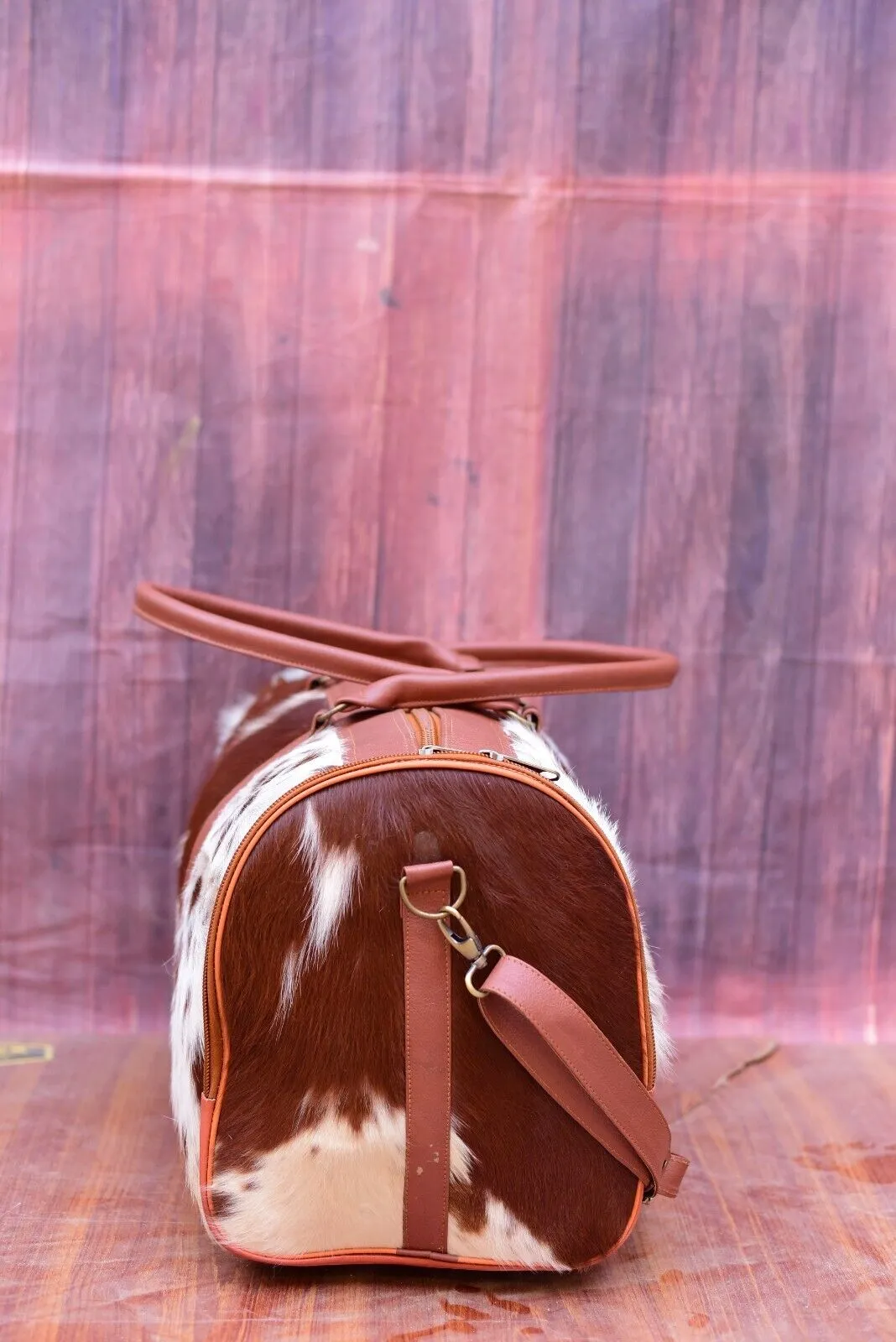 Brown White Cowhide Weekender Travel Bag