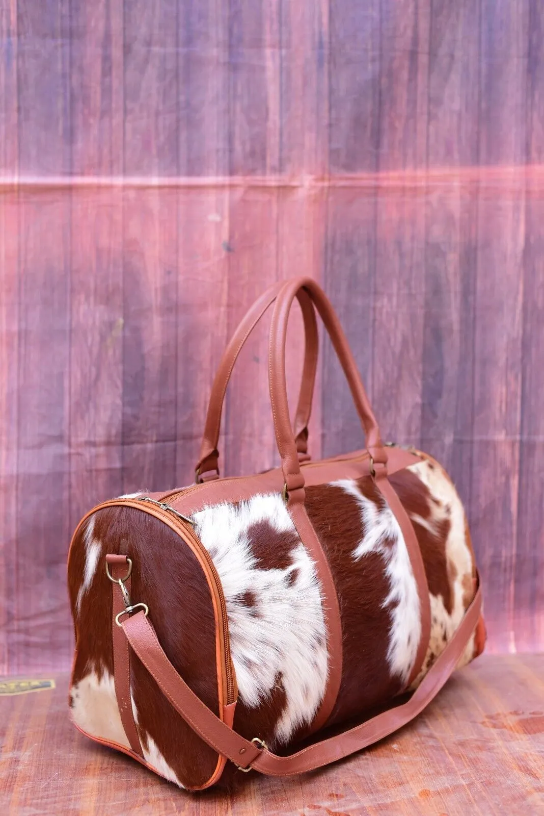 Brown White Cowhide Weekender Travel Bag
