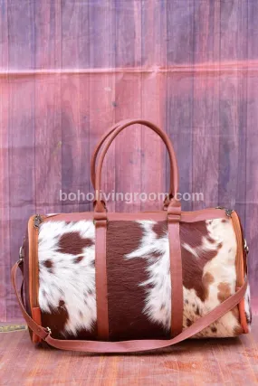 Brown White Cowhide Weekender Travel Bag