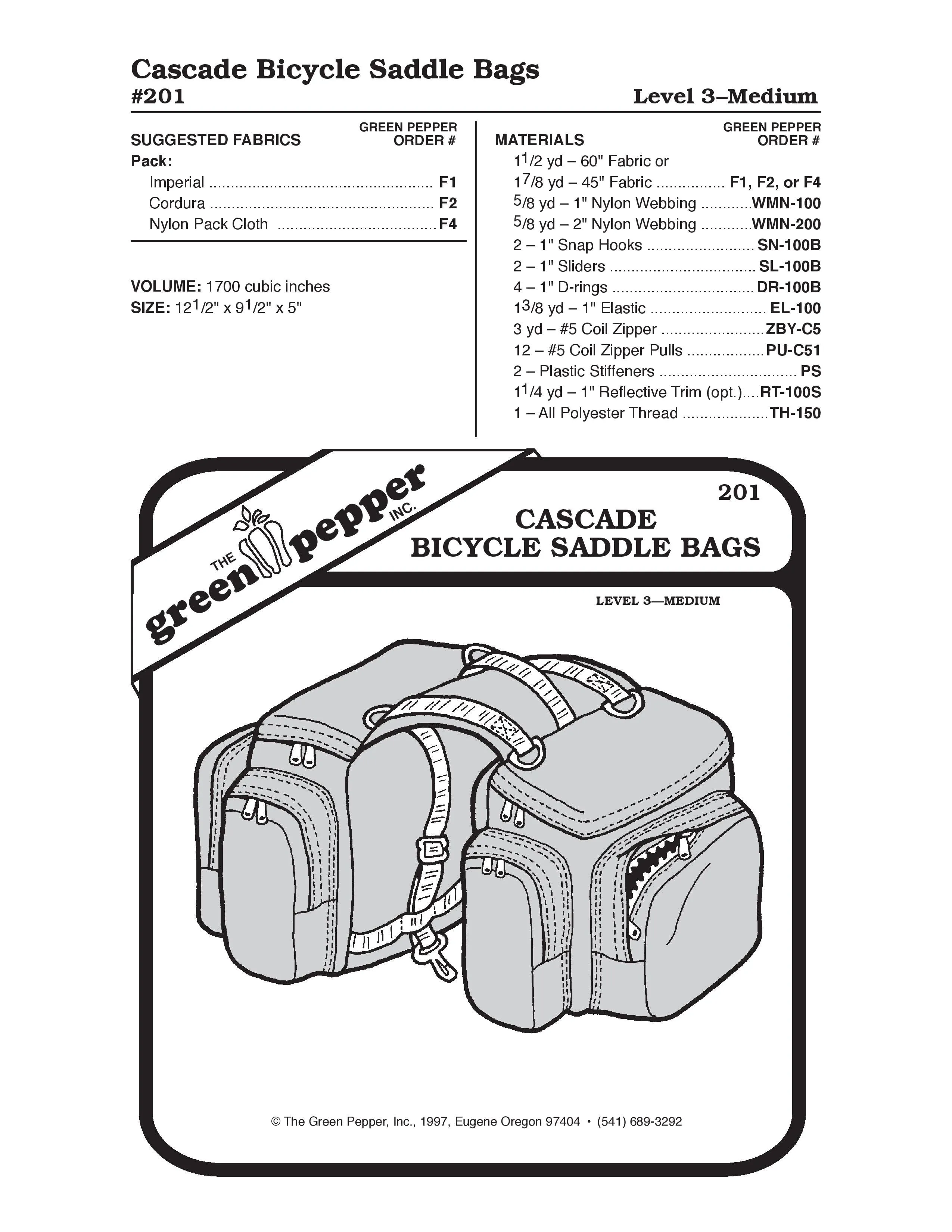 Cascade Bicycle Saddlebags Sewing Pattern (Sold per Each)