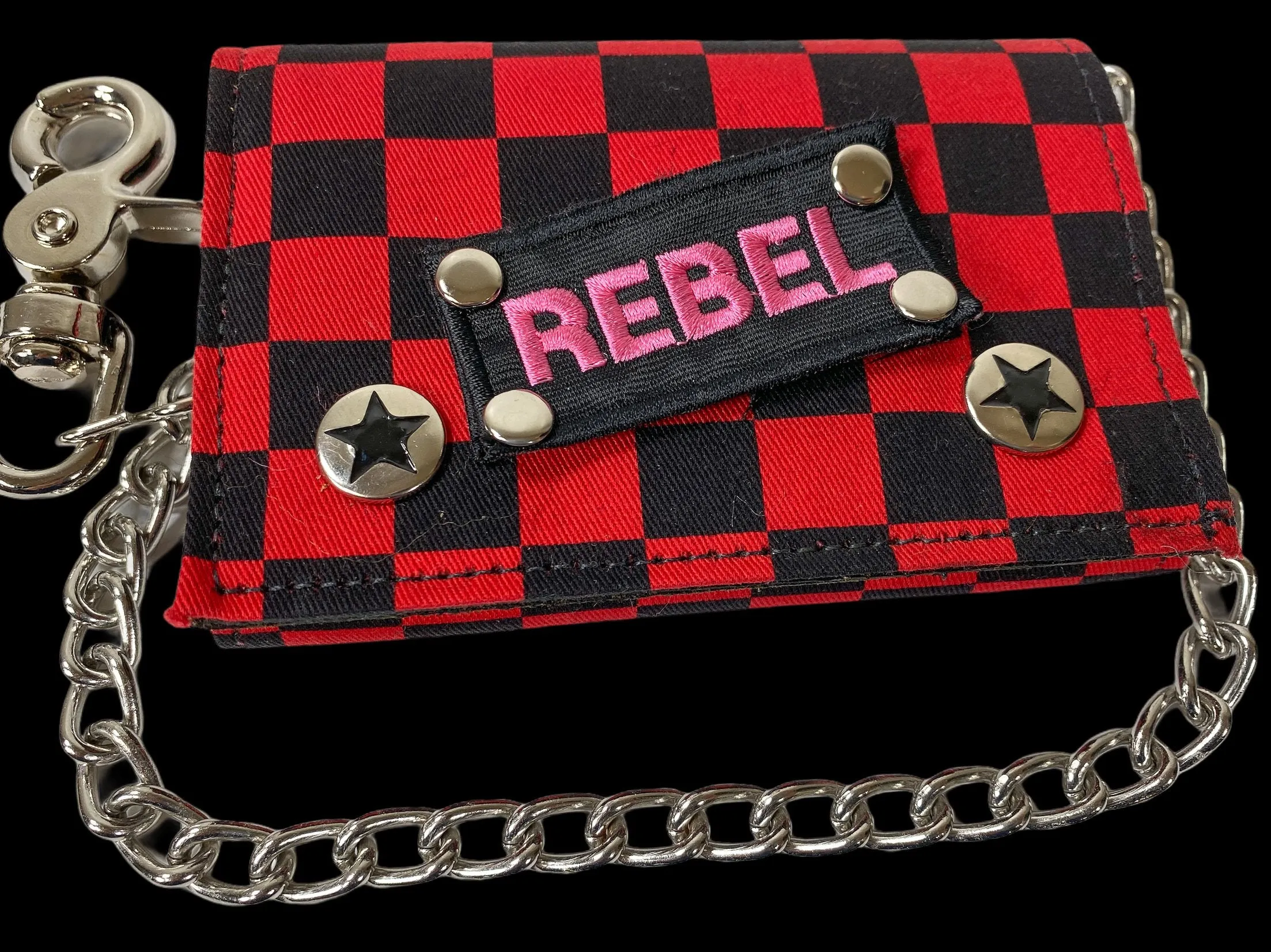 Checkered Wallet
Patch-Rebel, Union Jack Or Punk
Leather Back