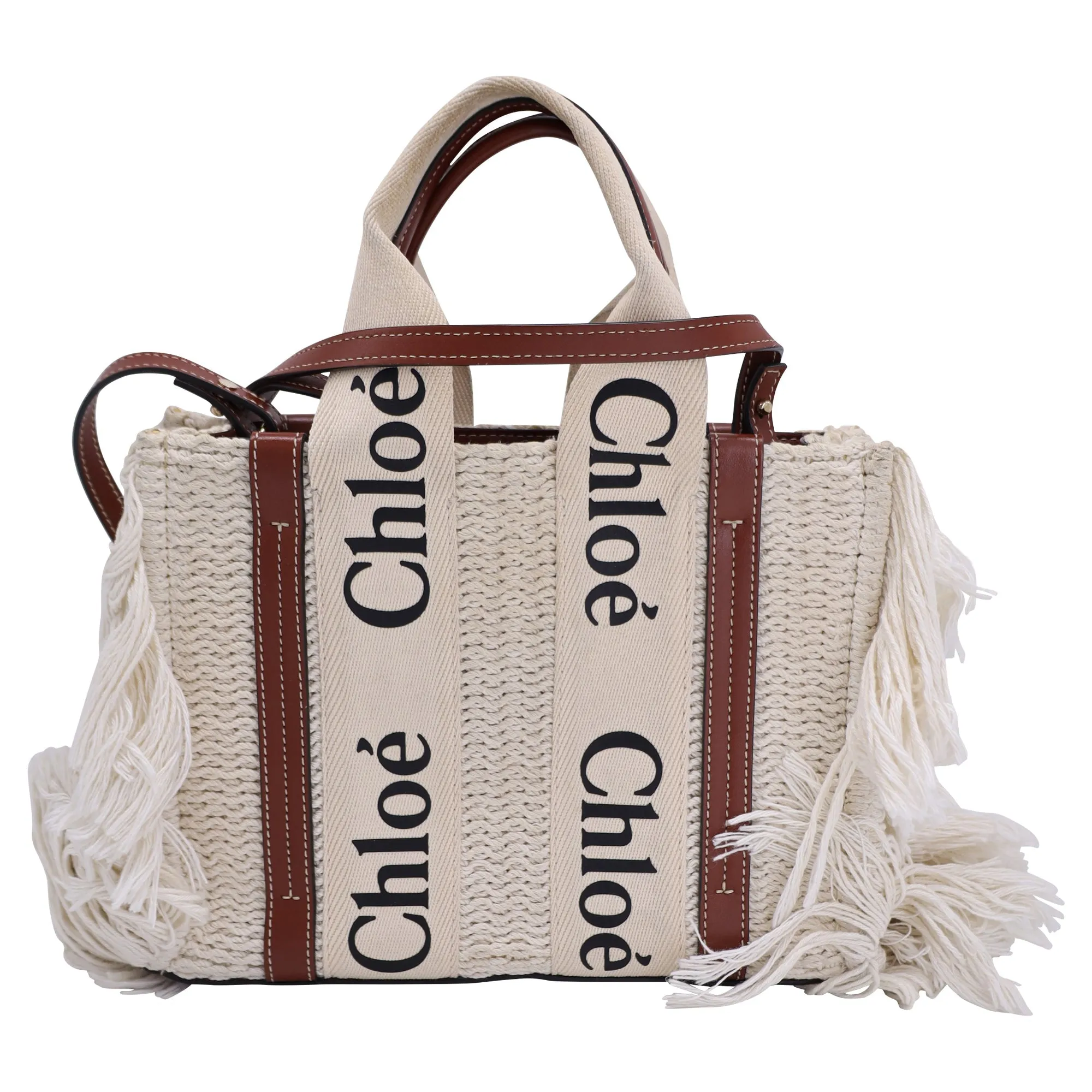 Chloé Small Woody Knit Fringe Tote Bag in White Recycled Cotton