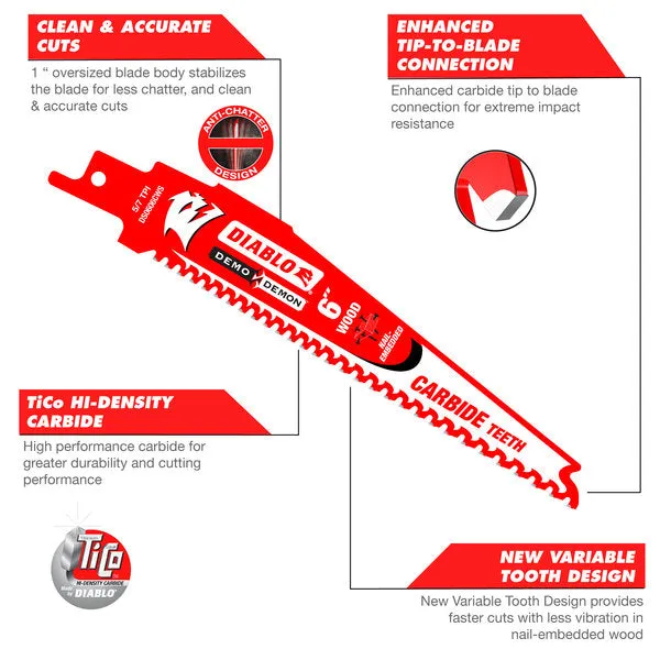 Diablo 6" x 5/7-TPI Demo Demon Carbide Teeth Reciprocating Saw Blades for Nail-Embedded Wood - 3/Pack