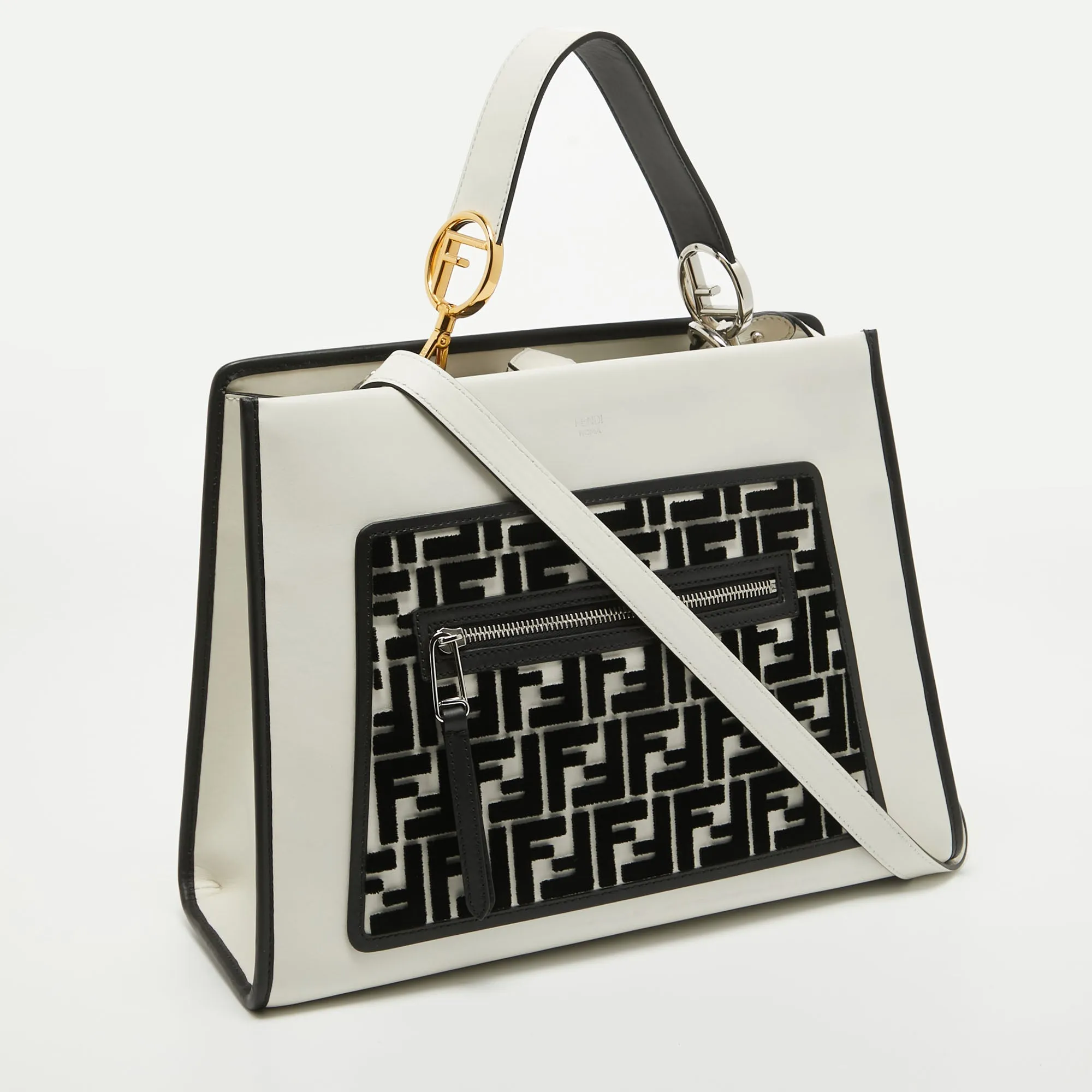 Fendi  Leather And Velvet Ff Runaway Top Handle Bag