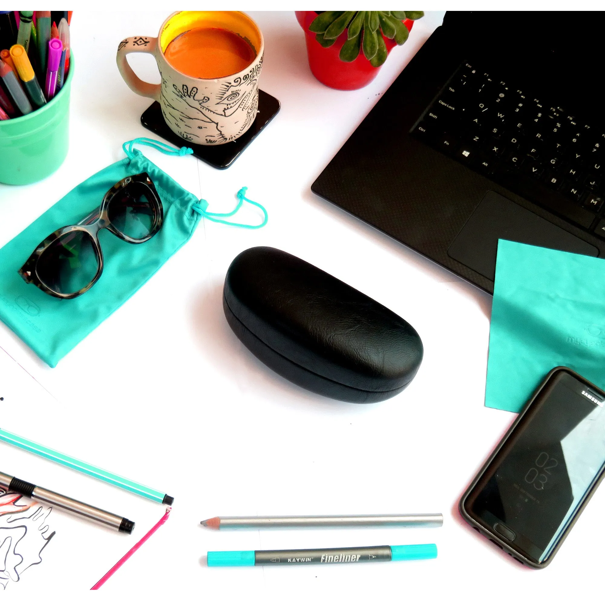 Large Hard Sunglasses Case - Eyeglass Case for Large to Extra Large curved Frames with Pouch & cloth (AS413 Black)