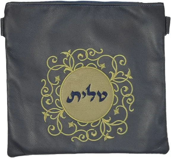 Leather Tallis &amp; Tefillin Bag Circular design with a contrasting Leather patch 260D-NV
