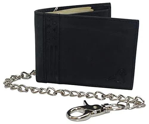 Mens RFID Blocking Chain Biker Wallet Genuine Leather Bifold USA Stars & Stripes Design Wallets for Men
