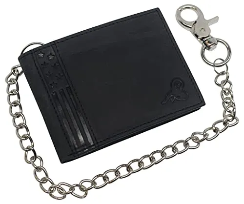 Mens RFID Blocking Chain Biker Wallet Genuine Leather Bifold USA Stars & Stripes Design Wallets for Men