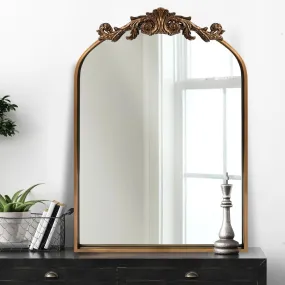 OUSHUAI Gold Traditional Vintage Ornate Baroque Mirror,Gold Brass Mirror for Wall,Victorian Antique Bronze Mirror Arched for Bathroom/Living room/Hallway/Fireplace 19"X27"
