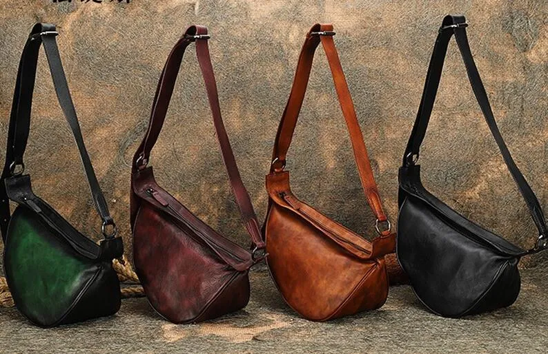 Vintage Leather Crossbody Chest Bag For Women Sling Pack
