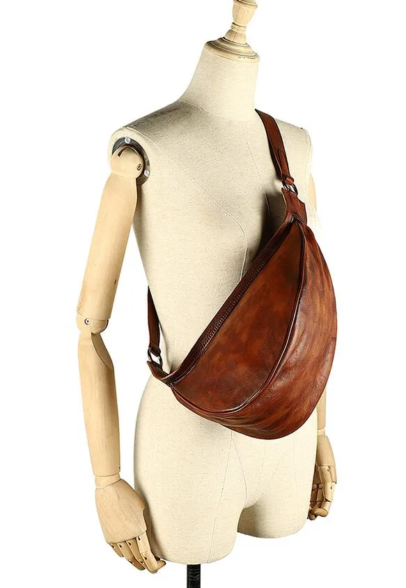 Vintage Leather Crossbody Chest Bag For Women Sling Pack