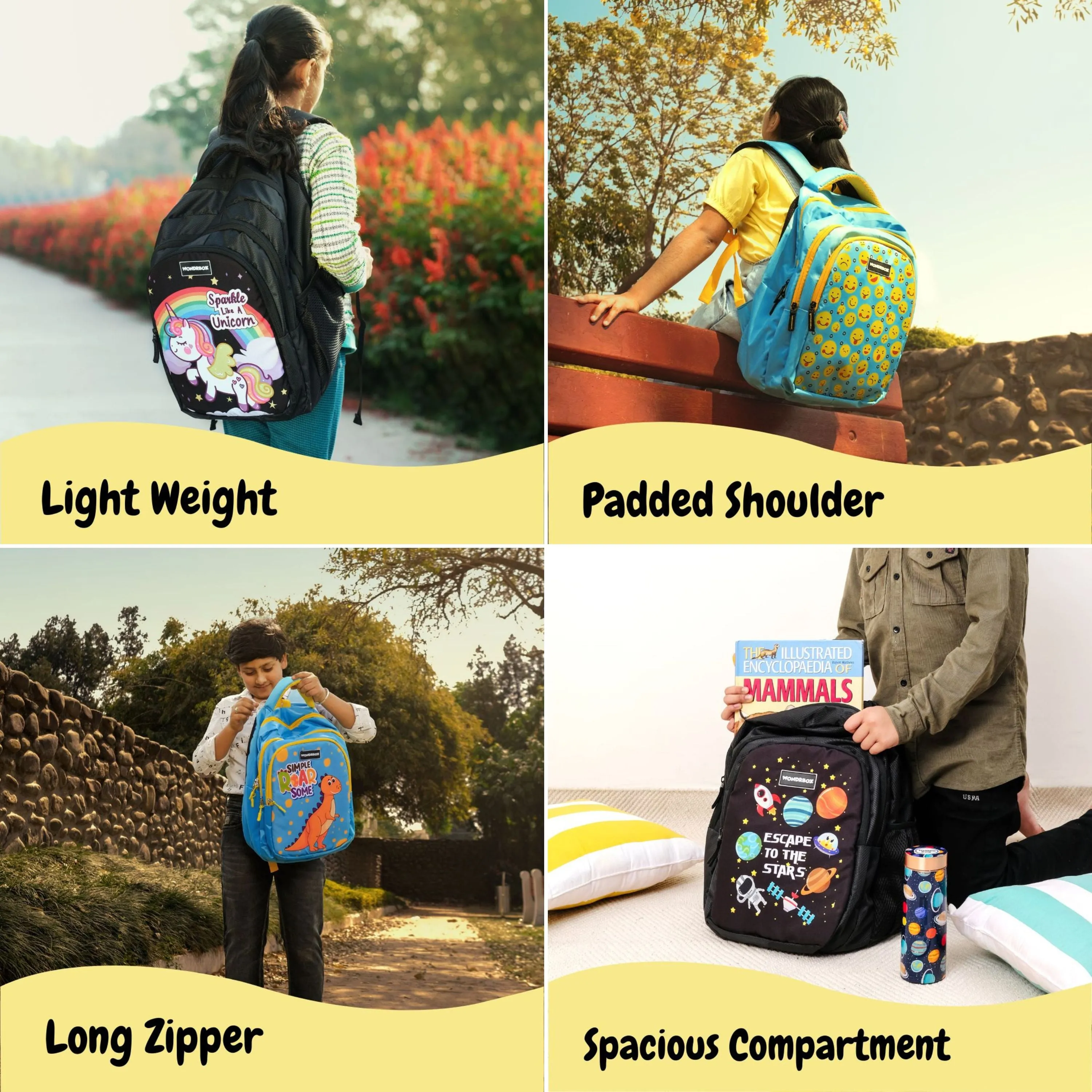 WONDRBOX Animals School Bag For Boys and Girls Age 8 and above